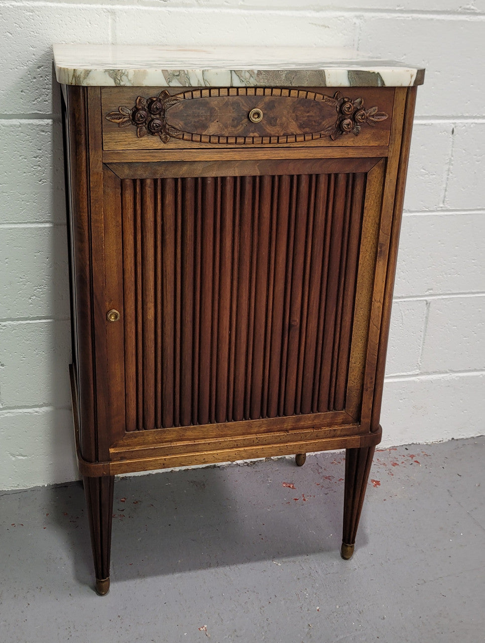 Louis XVI Style Art Deco Walnut Marble Top Side Cabinet
