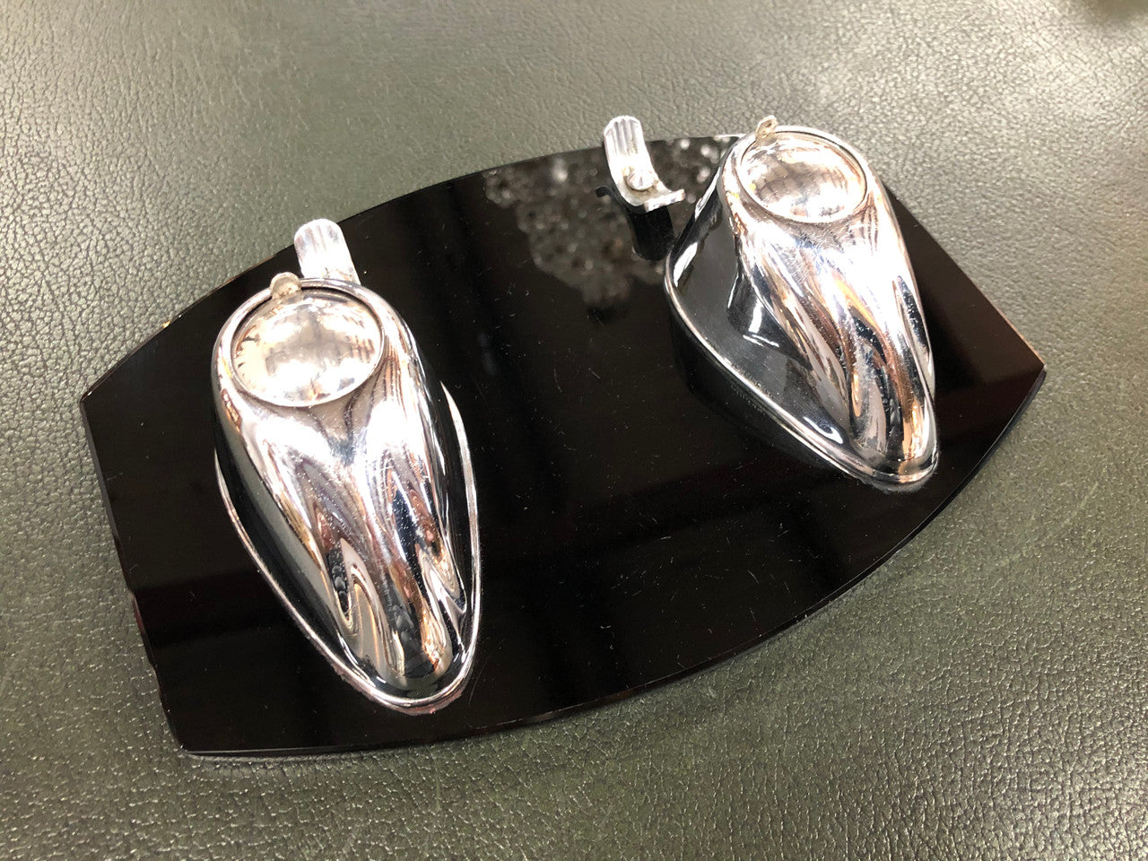 Art Deco Black glass & chrome dual ink well. Is in good original condition.