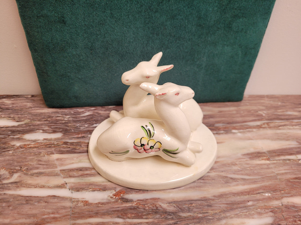 Goldscheider Myott Art Deco figurine of two Gazelle figures with hand painted flowers. Backstamp dates the figures to 1938-1950 period. There is some light crazing.