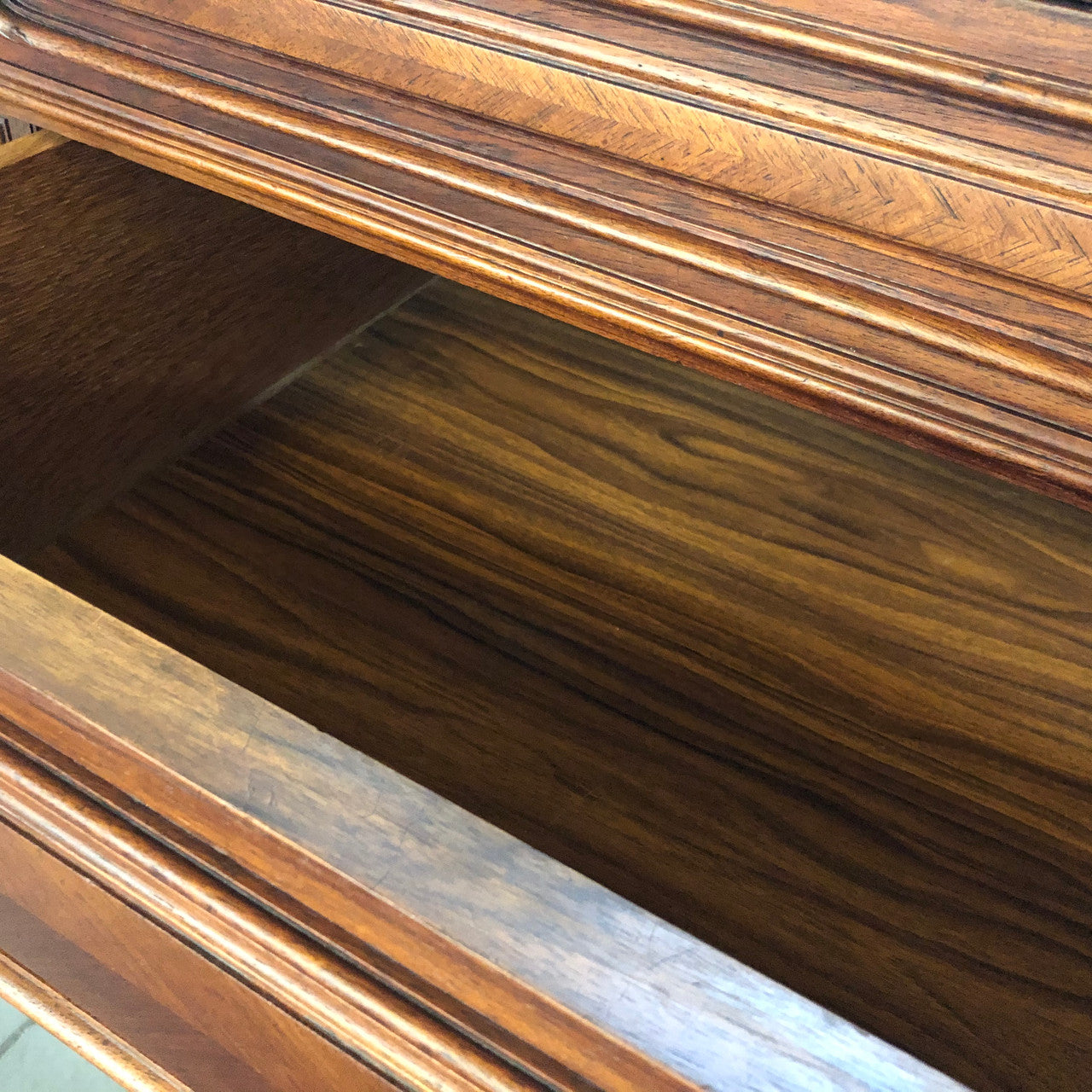 19th Century French Walnut five-drawer marble top commode. In good original detailed condition.