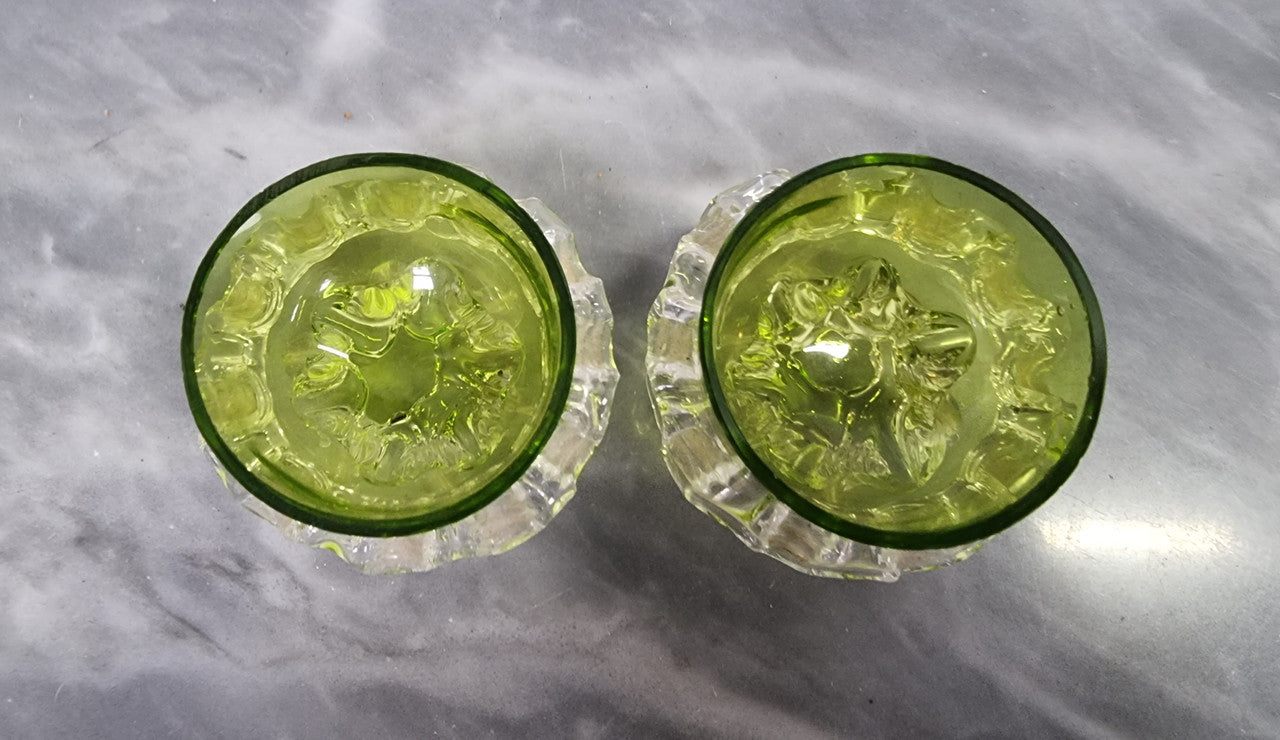 Lovely pair of Victorian green glass open salt bowls with clear frilled edging. In good original condition.