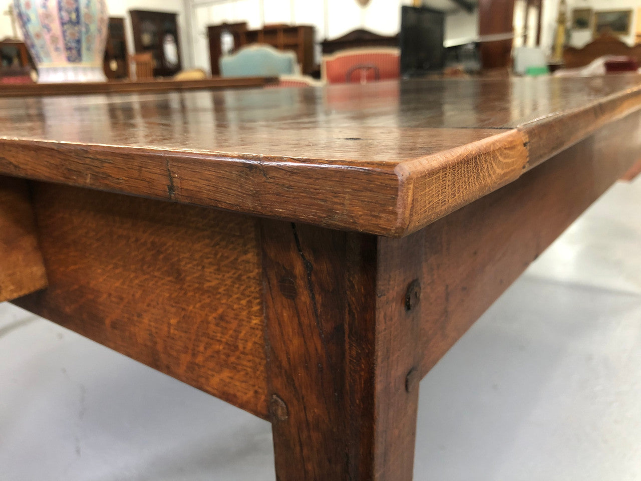 French Elm & Oak Farmhouse Table With Tapered Legs & Drawers