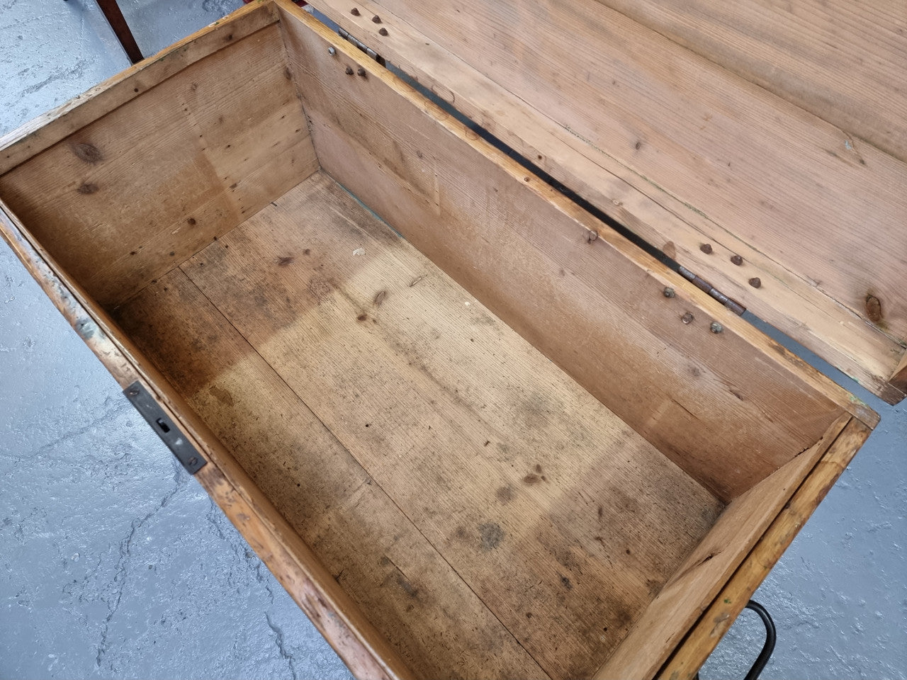 Lovely Pine chest / blanket box with loads of rustic character and iron hardware. This piece would also make a great coffee table, and is in good original condition.