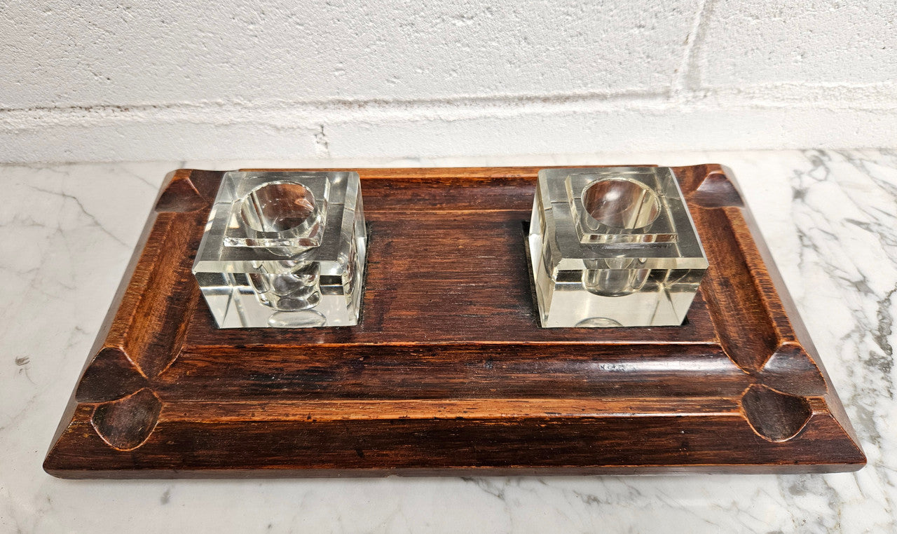 Edwardian Desk & Double Ink & Pen Holder on Wooden Stand. Original Condition. It has been sourced from France and is in good original detailed condition.