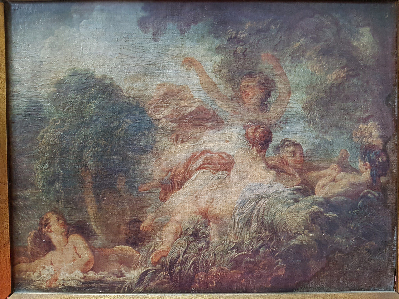 Antique Oleograph Of Romantic Scene In Original Gilt Frame