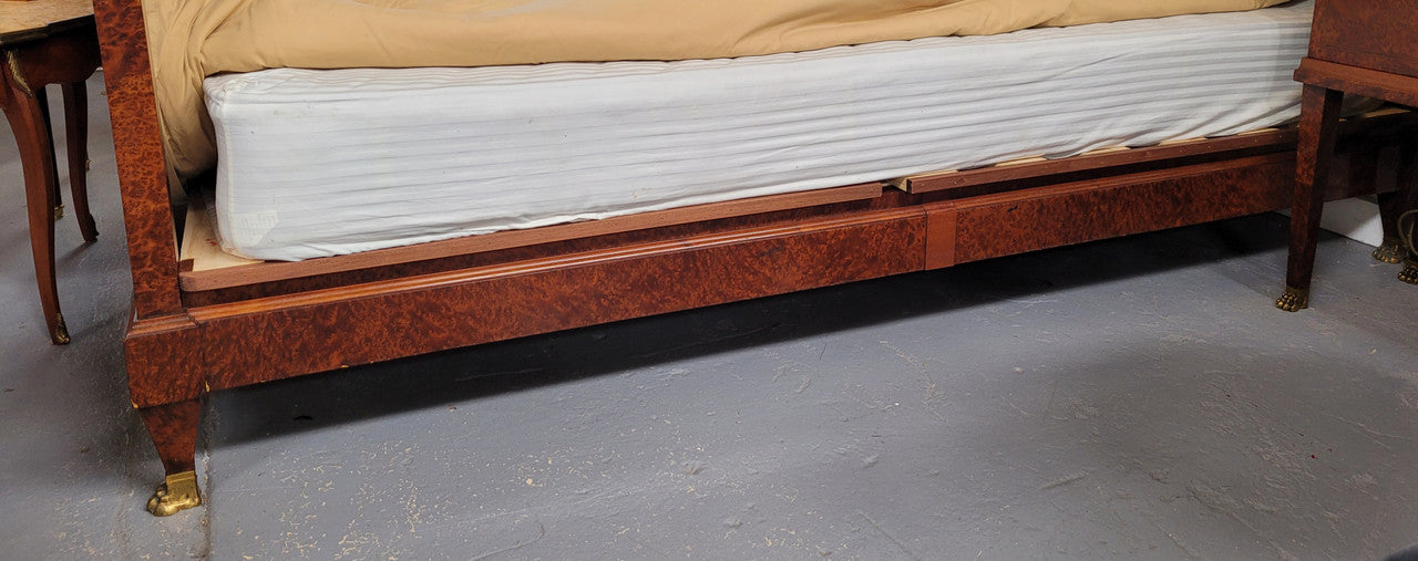 French Art Deco bedroom suite consisting of queen size bed in Amboyna wood and featuring pretty inlay. It comes with a matching pair of bedsides. It is a very stylish and high quality suite. It has been sourced from France and is in good original detailed condition.