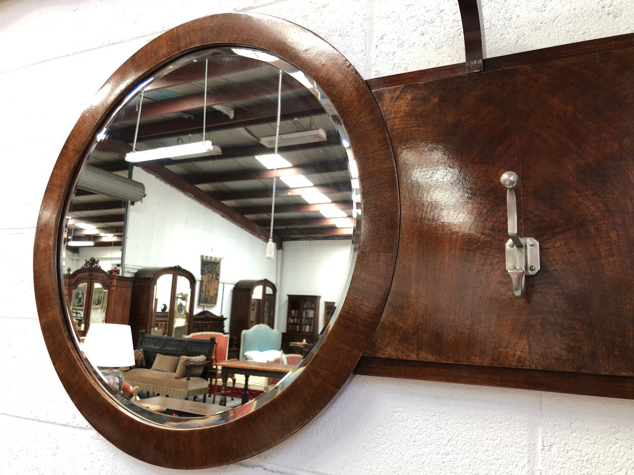 French Art Deco Walnut Coat & Hat Rack With Mirror