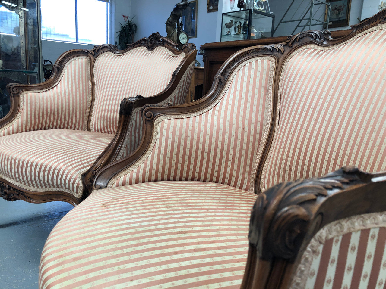High Quality Antique Pair Of French Walnut Upholstered Arm Chairs