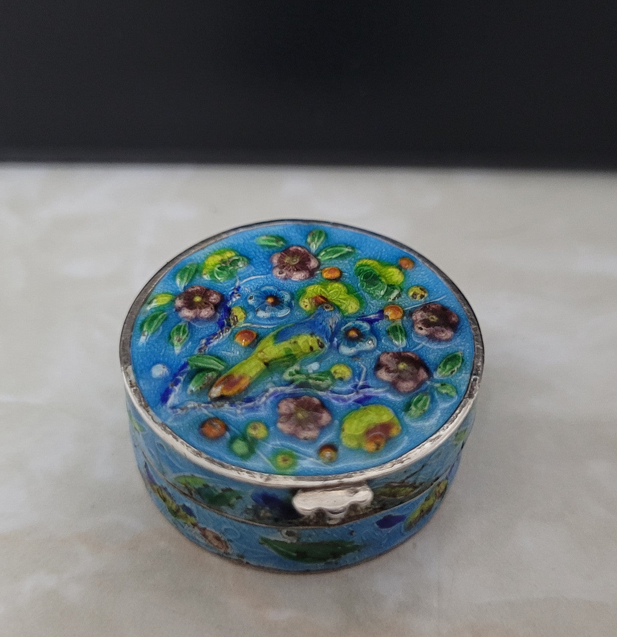 Antique Chinese silver and enamel pill box . In good original condition, please view photos as they help form part of the description.