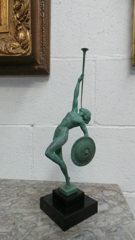 French Art Deco Sculpture Of Nude With Trumpet By Guerbe