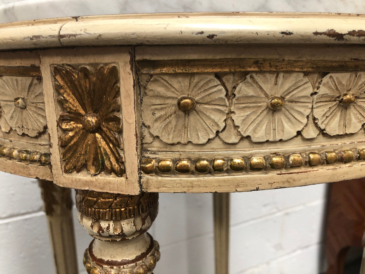 French Late 19th Century painted and gilded Walnut marble top occasional table. In good condition. CIrca 1900.