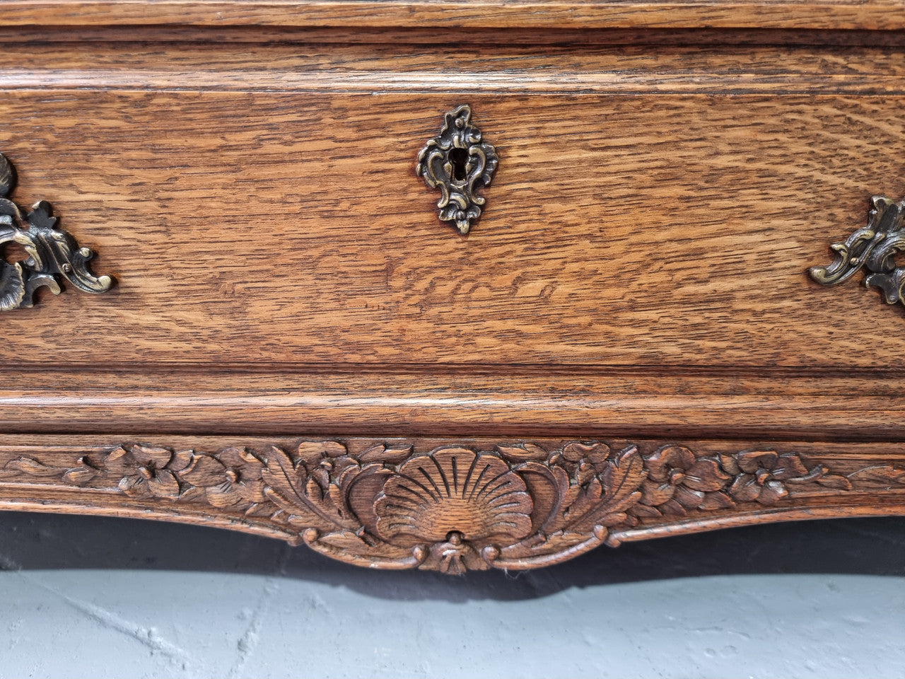French Louis XV style three drawer Oak marble top commode. In good original detailed condition.