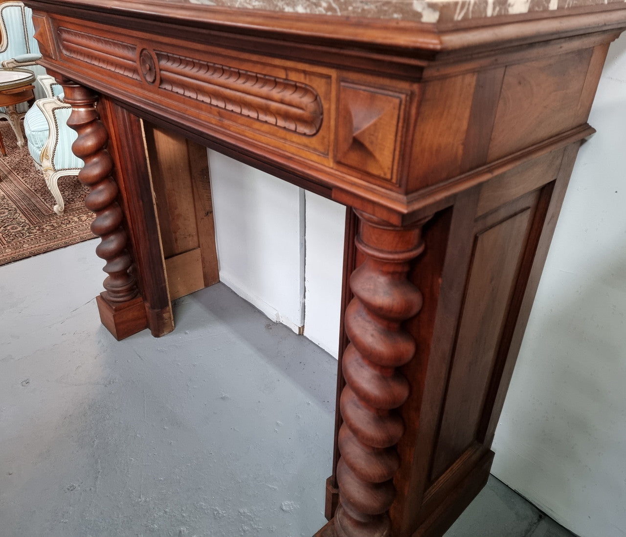 French 19th Century Walnut & Marble Top Fireplace Surround