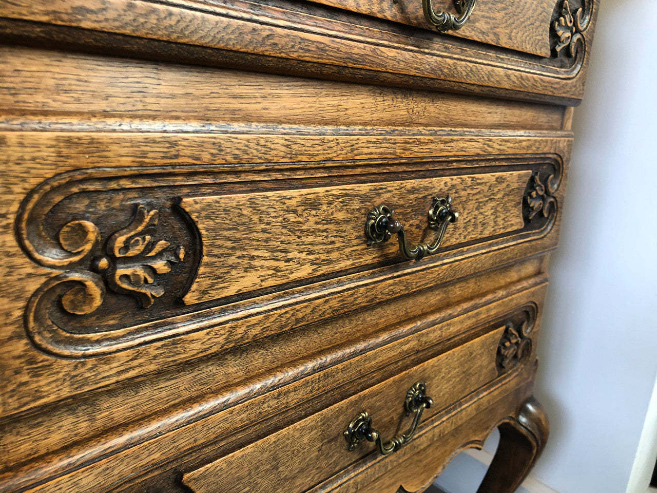 Vintage French Oak three drawer chest. In good original detailed condition.