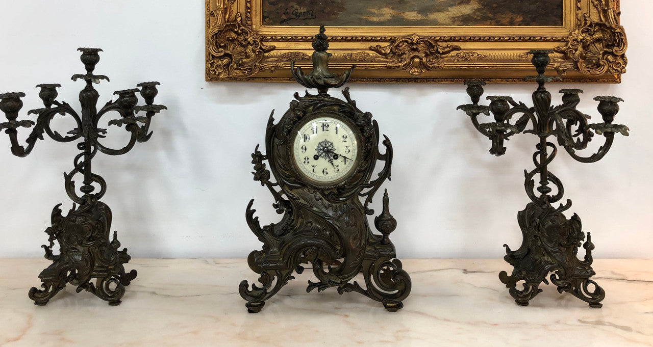 French Three Piece Gothic Style Bronze Clock Set