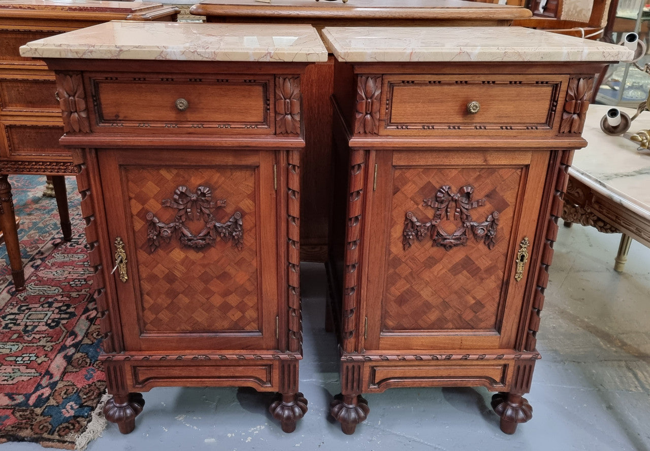 Impressive Pair of Walnut Parquetry Inlaid Henry II Style Marble Top Bedside Cabinets