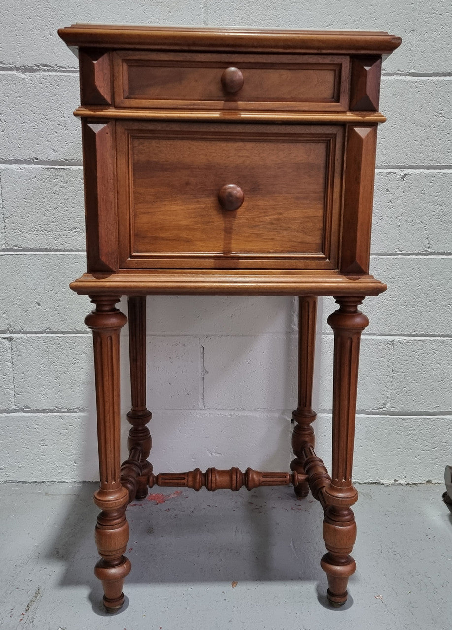 French Walnut Henry II Style Bedside Cabinet With White Marble Top