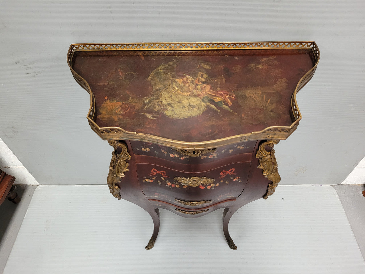 Rare French Louis XV Style Hand Painted Miniature Bombe Commode