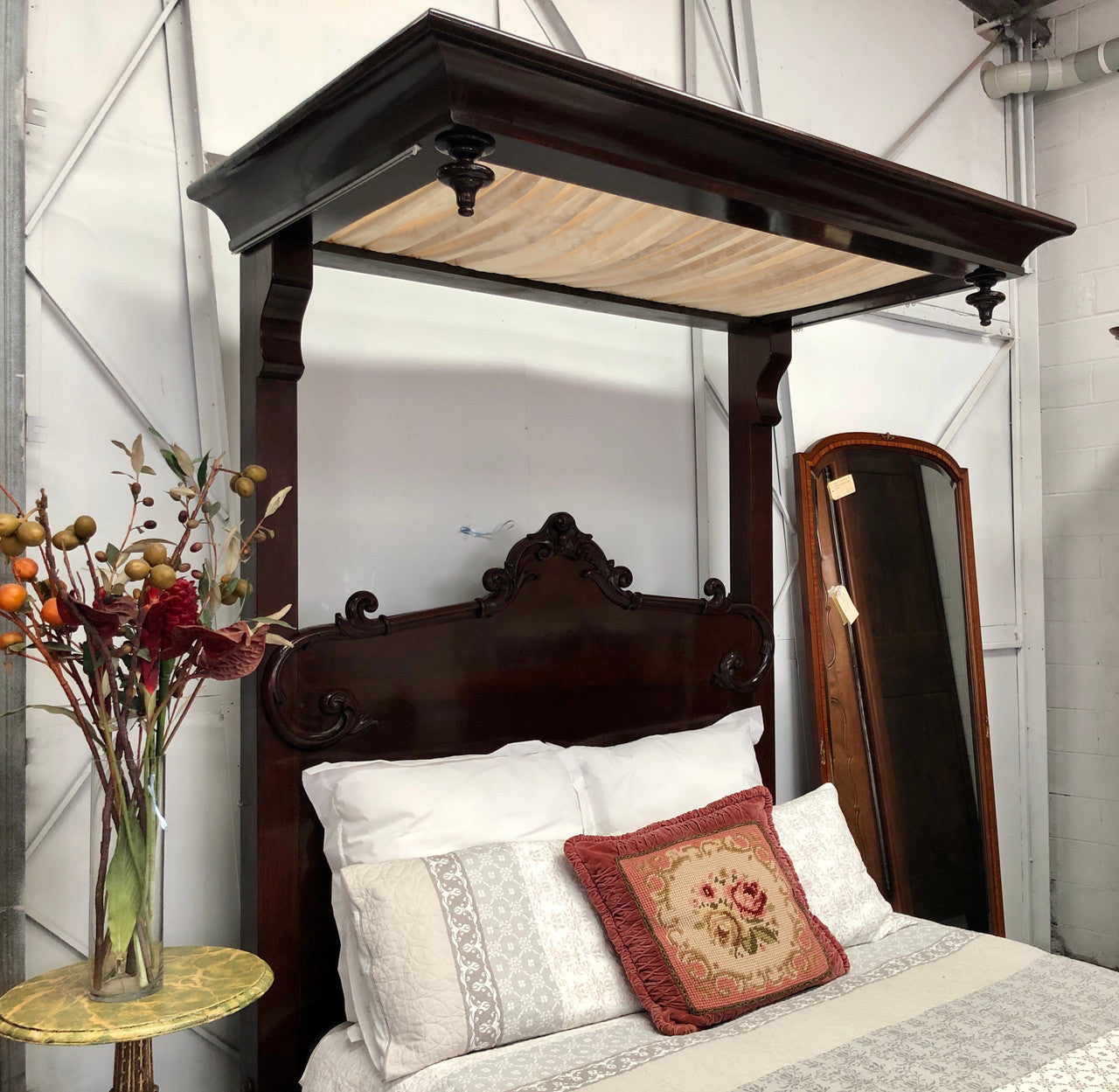Antique Carved Mahogany Half Tester Poster Bed