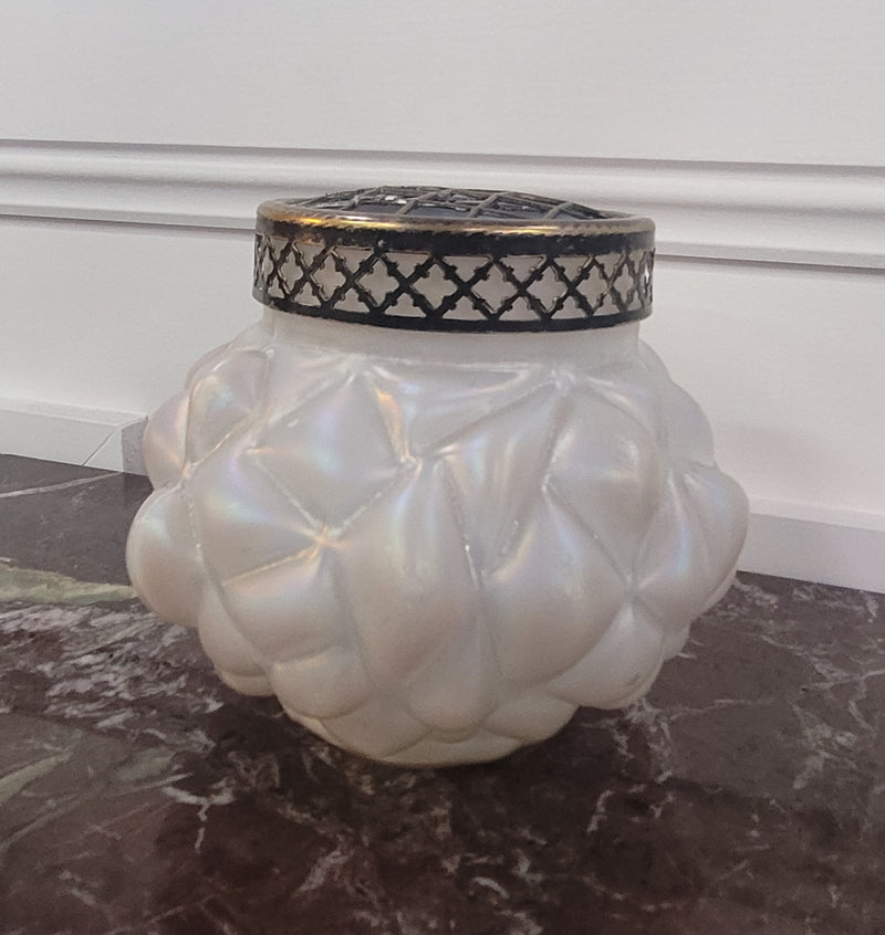 Iridescent Loetz glass vase with flower insert. Please view photos as they help form part of the description.