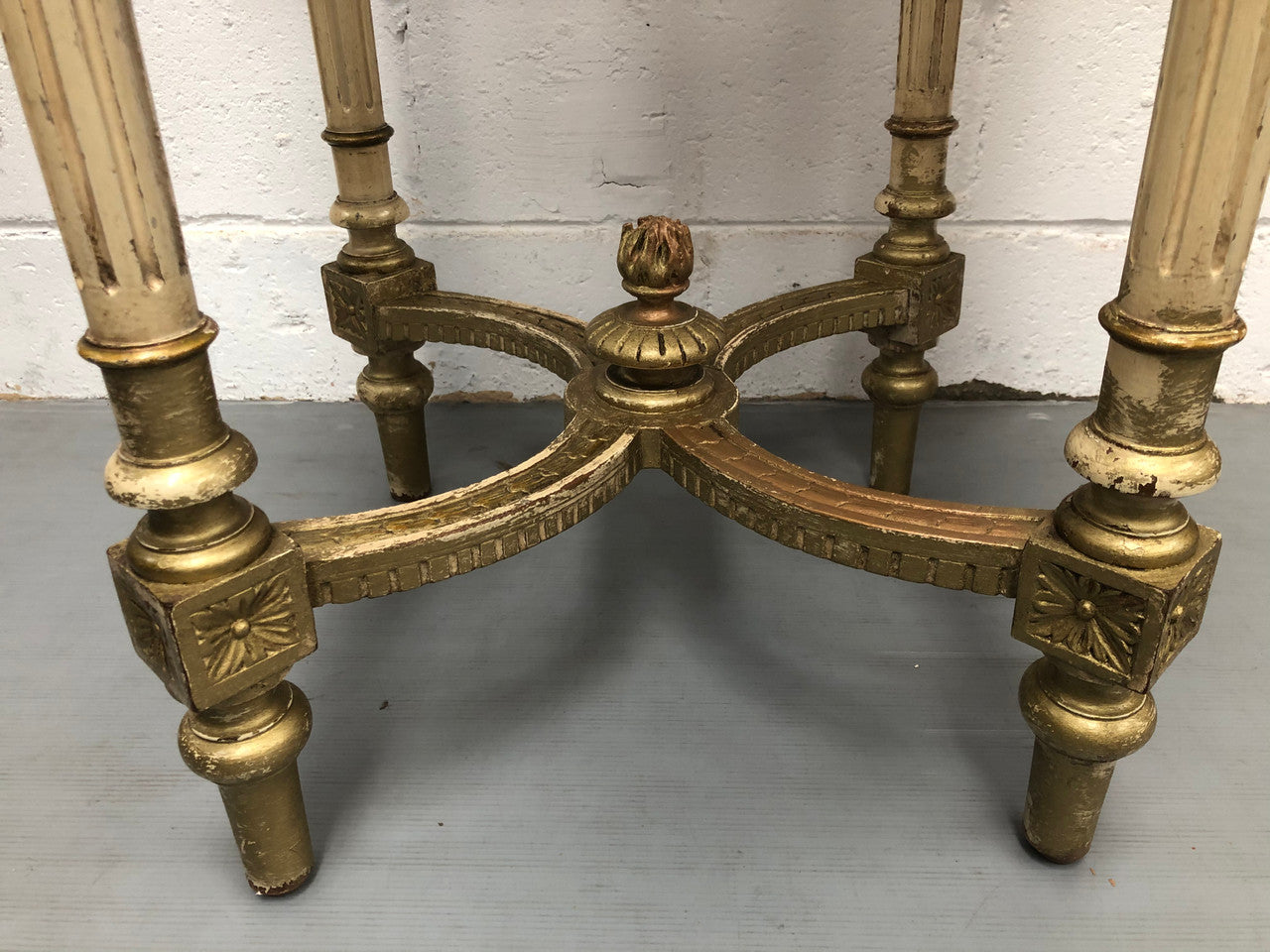 French Late 19th Century painted and gilded Walnut marble top occasional table. In good condition. CIrca 1900.