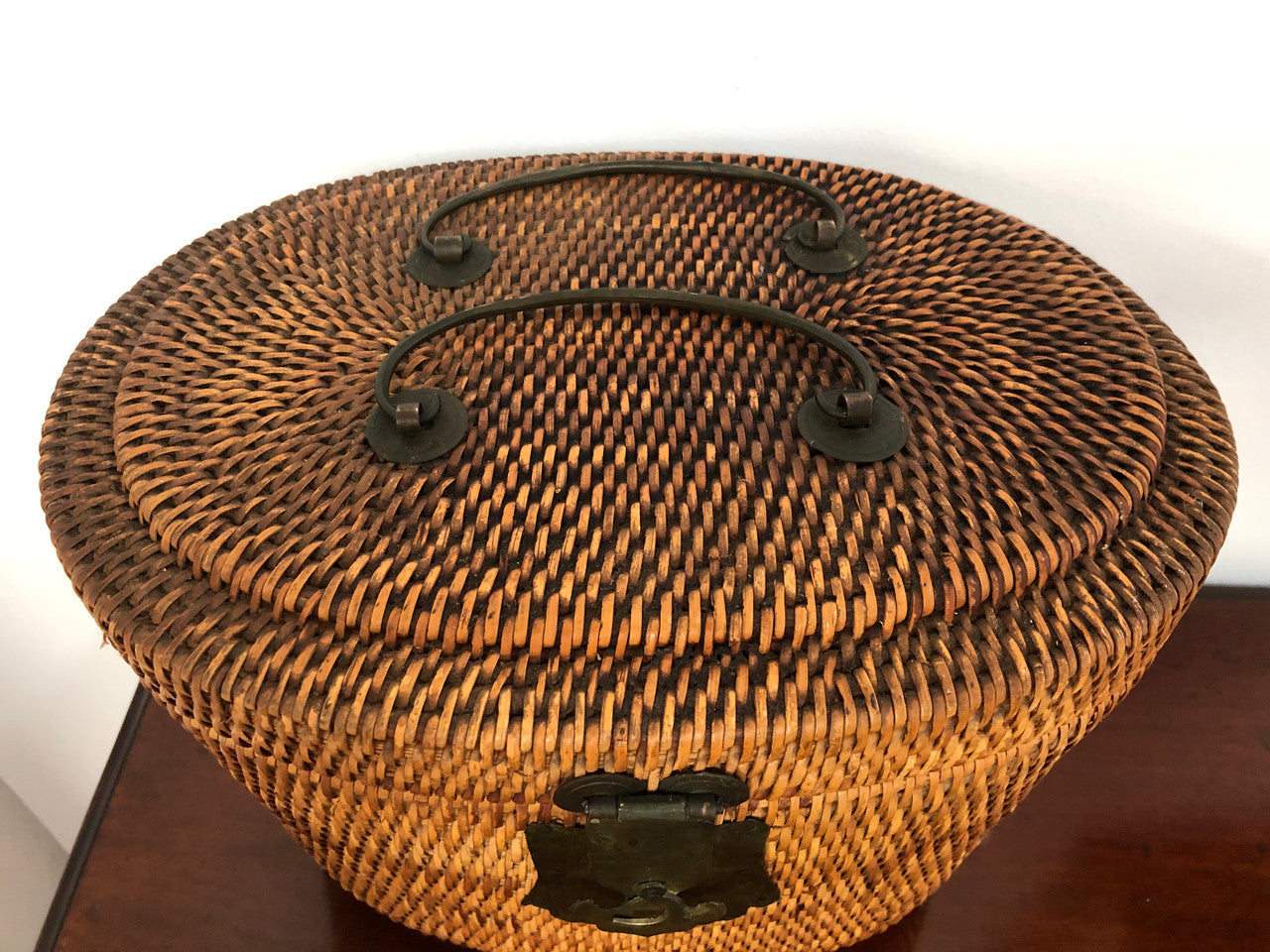 Beautiful Antique Cane Basket With Metal Handles & Latch