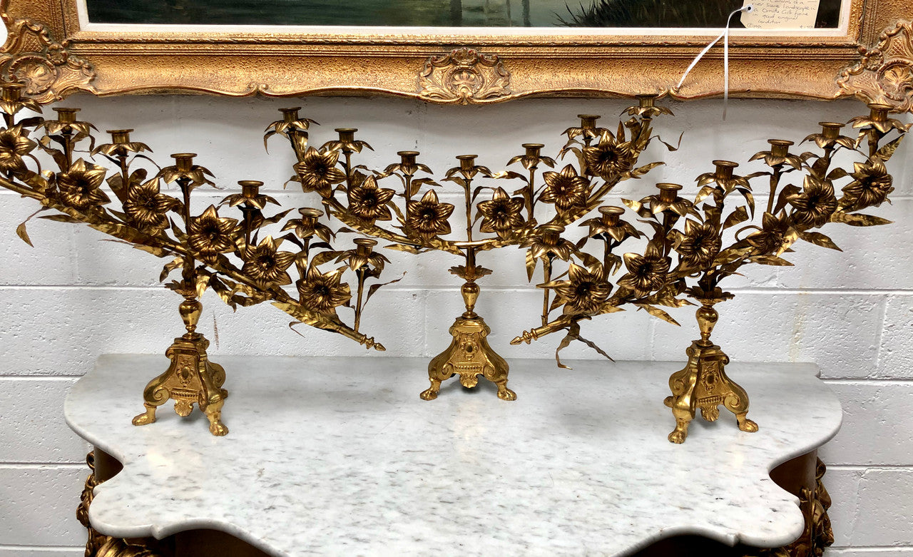 Fabulous & Highly Decorative Set Of Three French Brass Candelabras