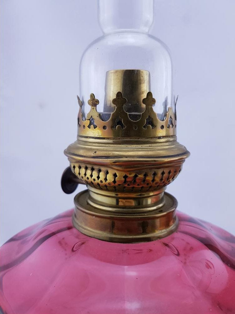 Rare Pair Of Ruby Mary Gregory Glass Kerosene Lamps