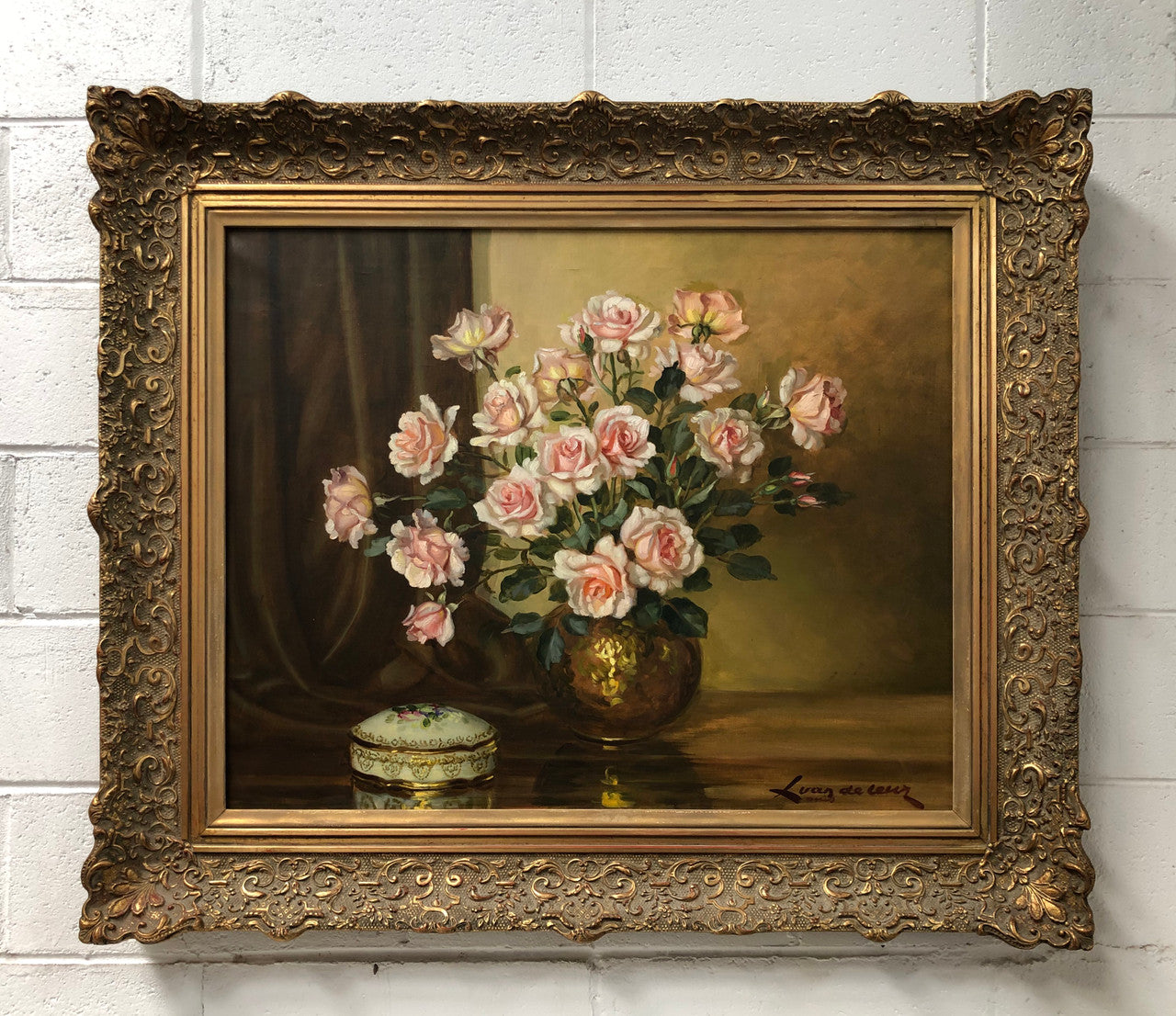 Large French signed oil on canvas of flowers. From circa 1950s and is in good original condition.