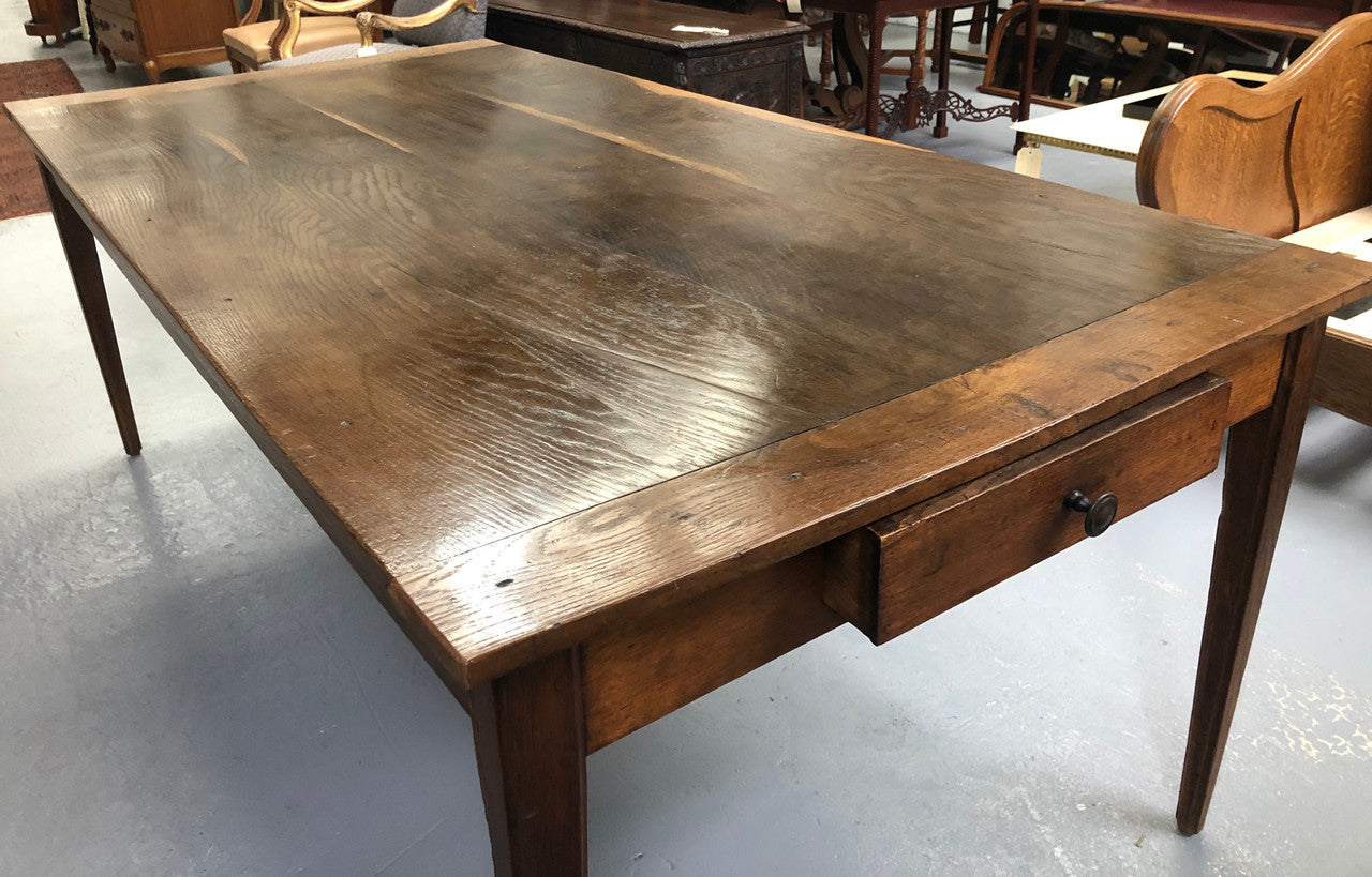 French Elm & Oak Farmhouse Table With Tapered Legs & Drawers