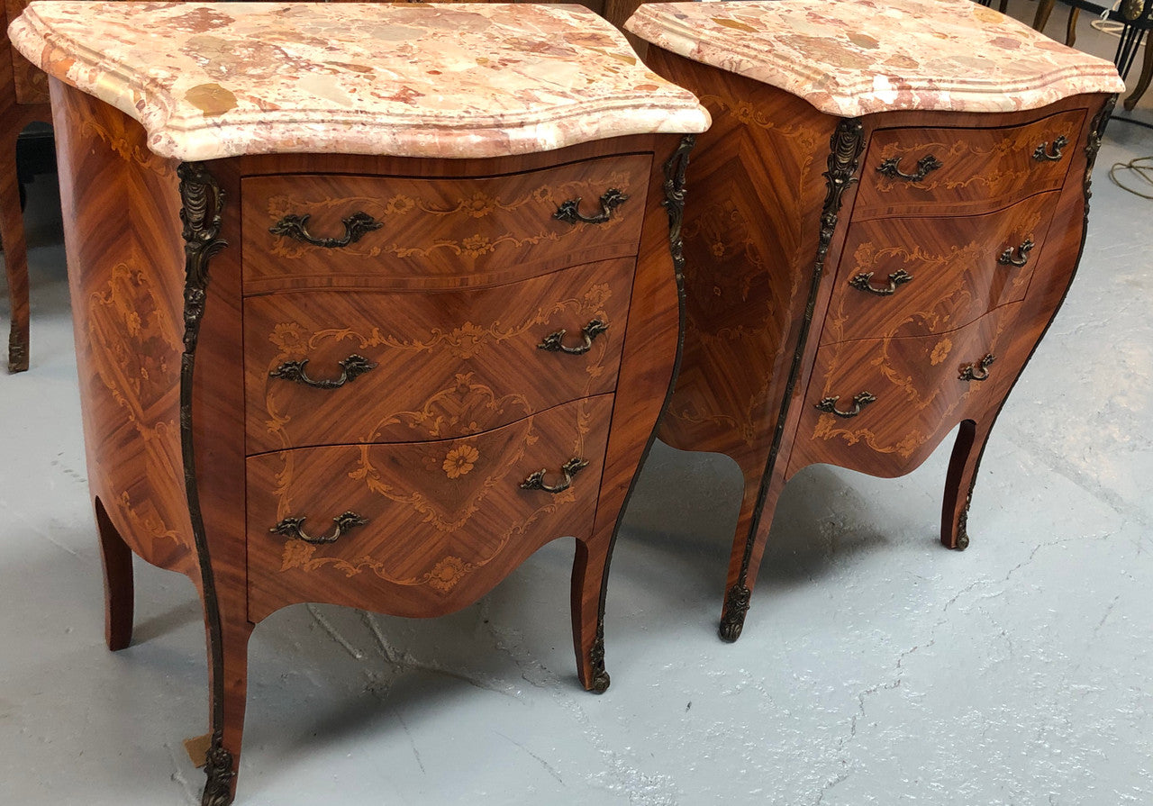 Rare Pair of French miniature commode bedsides with beautiful marquetry inlay & ormolu mount. Circa 1950's and are in very good condition.