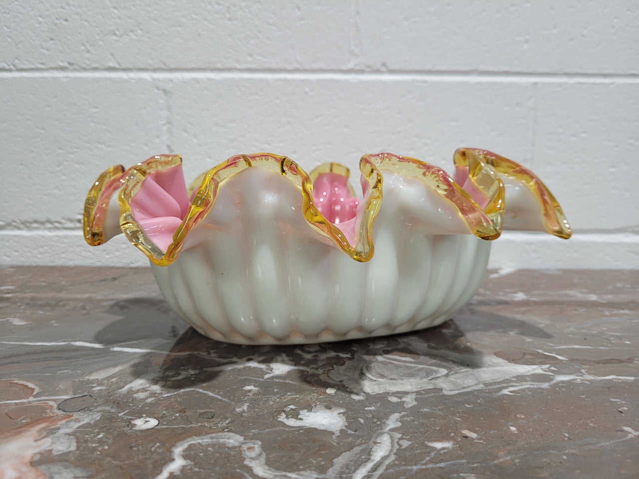 Edwardian American large white/pink cased glass and yellow ruffled edged bowl. In good original condition with no chips.