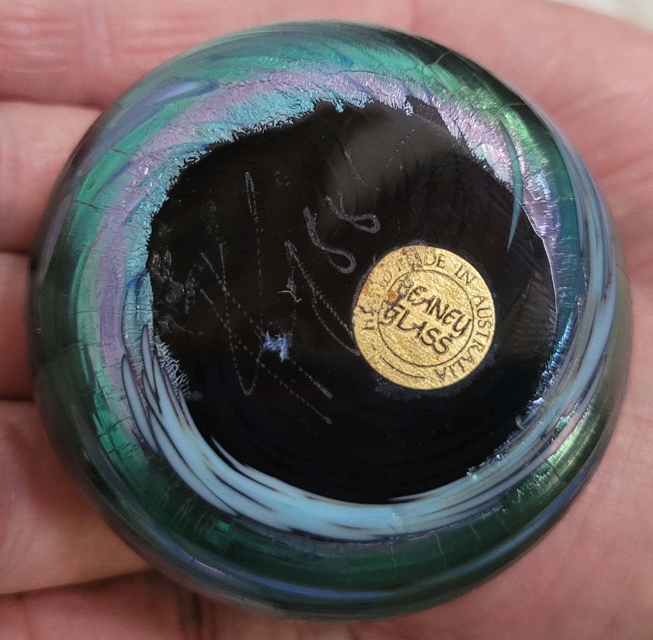 Vintage Iridescent Colin Heaney Paperweight with Sterling Silver Waratah flower by Suzanne Brett
