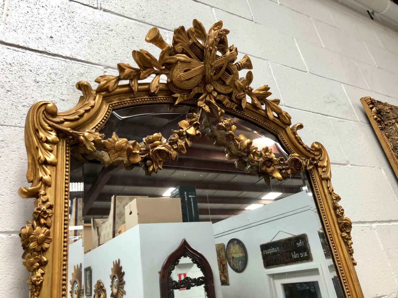 Antique French Gilt & Floral Allegorical Mantle/Wall Mirror