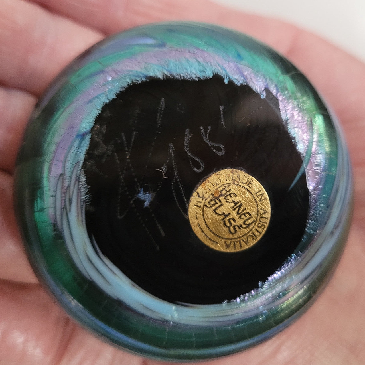 Vintage Iridescent Colin Heaney Paperweight with Sterling Silver Waratah flower by Suzanne Brett