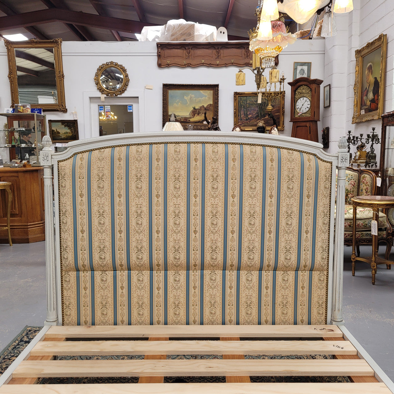 French Louis 16th style double bed and rails with original crackle paint. It also has good quality upholstery. Bed comes complete with custom made slats. Just place your mattress on top. Sourced from France and in good original detailed condition.