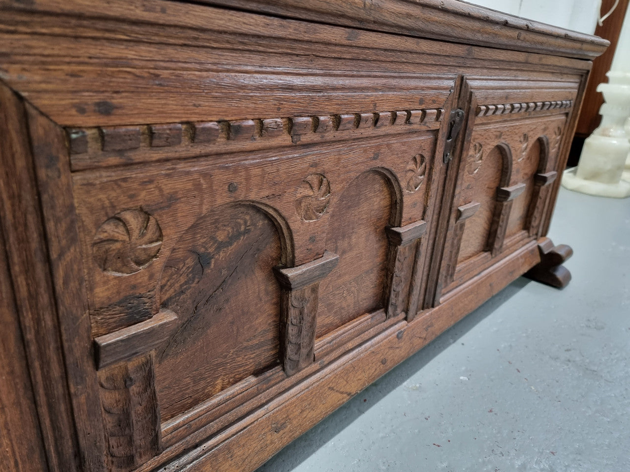 Fabulous carved French oak Antique Coffer / Chest with a lift up lid and loads of beautiful character in good original detailed condition.