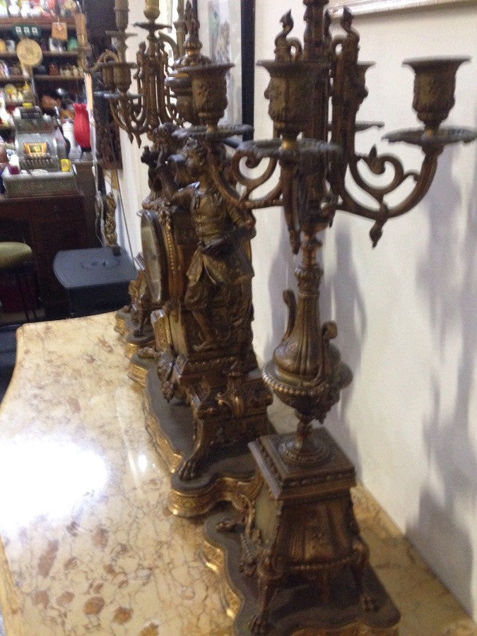 Antique French Gilt Brass Clock Set