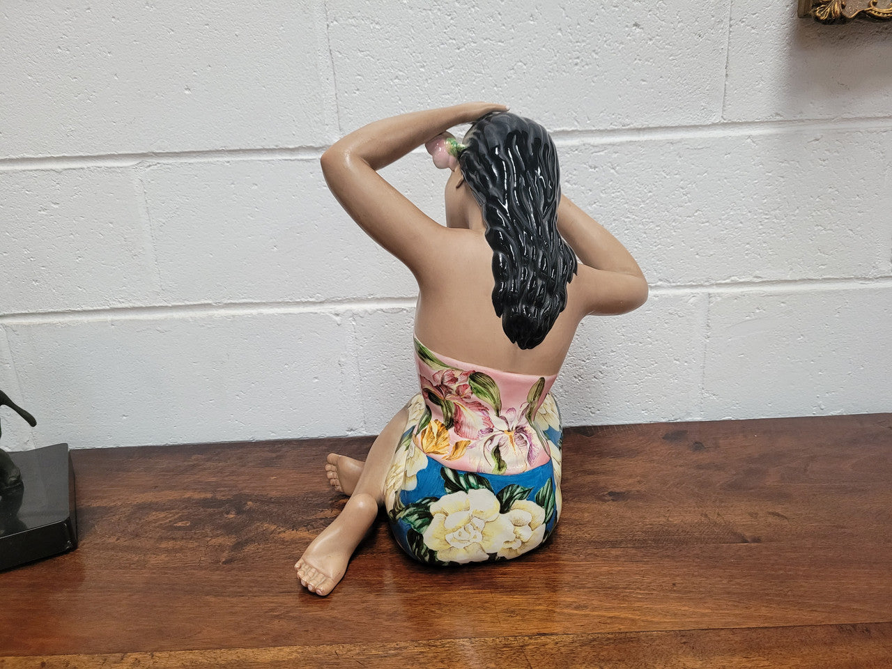 Large, Striking, Vintage Art Deco Tropical female porcelain figurine by Lenci Artist RONZAN, Italy. Beautifully modelled she is wearing a gorgeous polychrome strapless dress and flowers in her hair. Circa 1950’s.