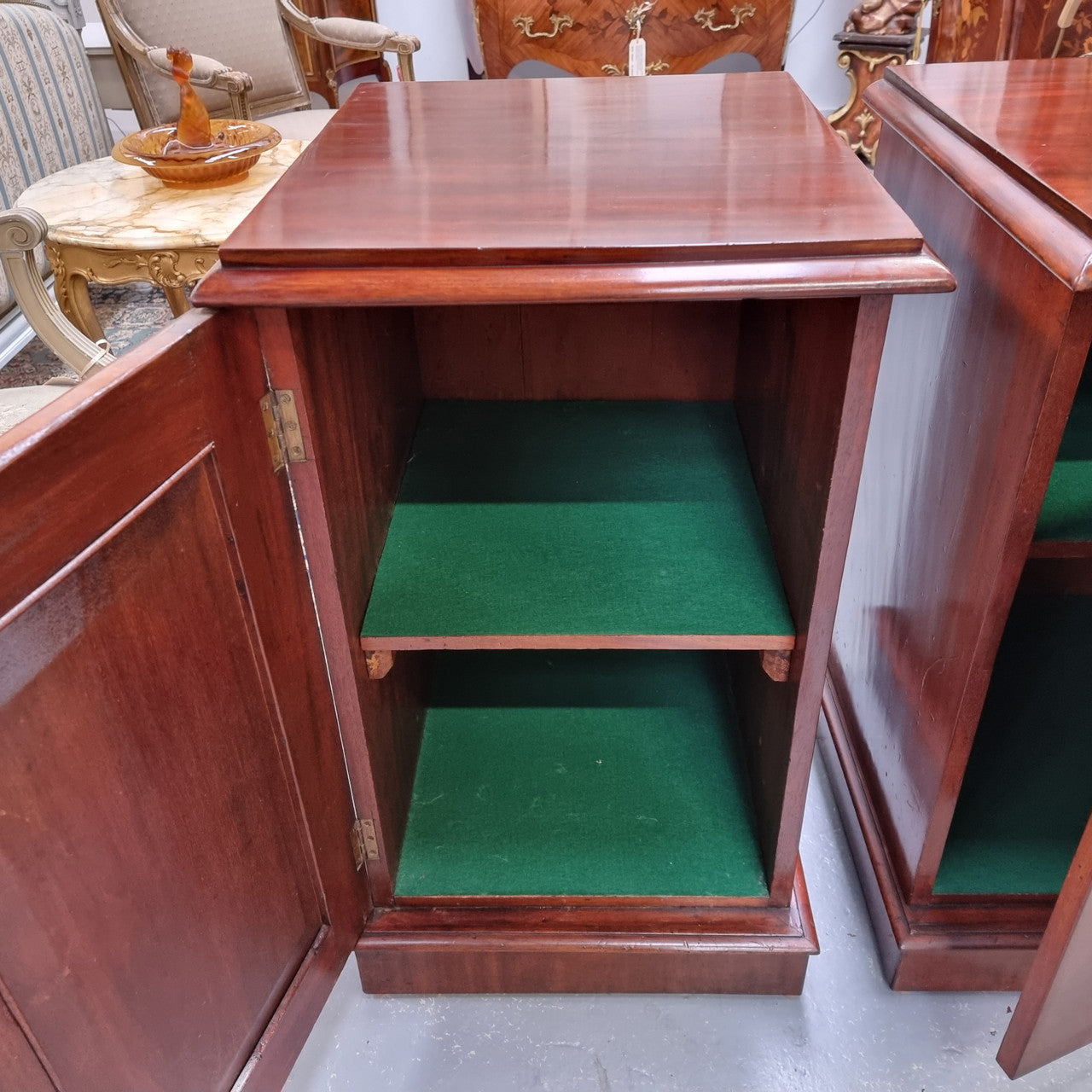 Unique pair of Victorian mahogany bedsides with one fixed shelf. Sourced locally and in good original detailed condition.