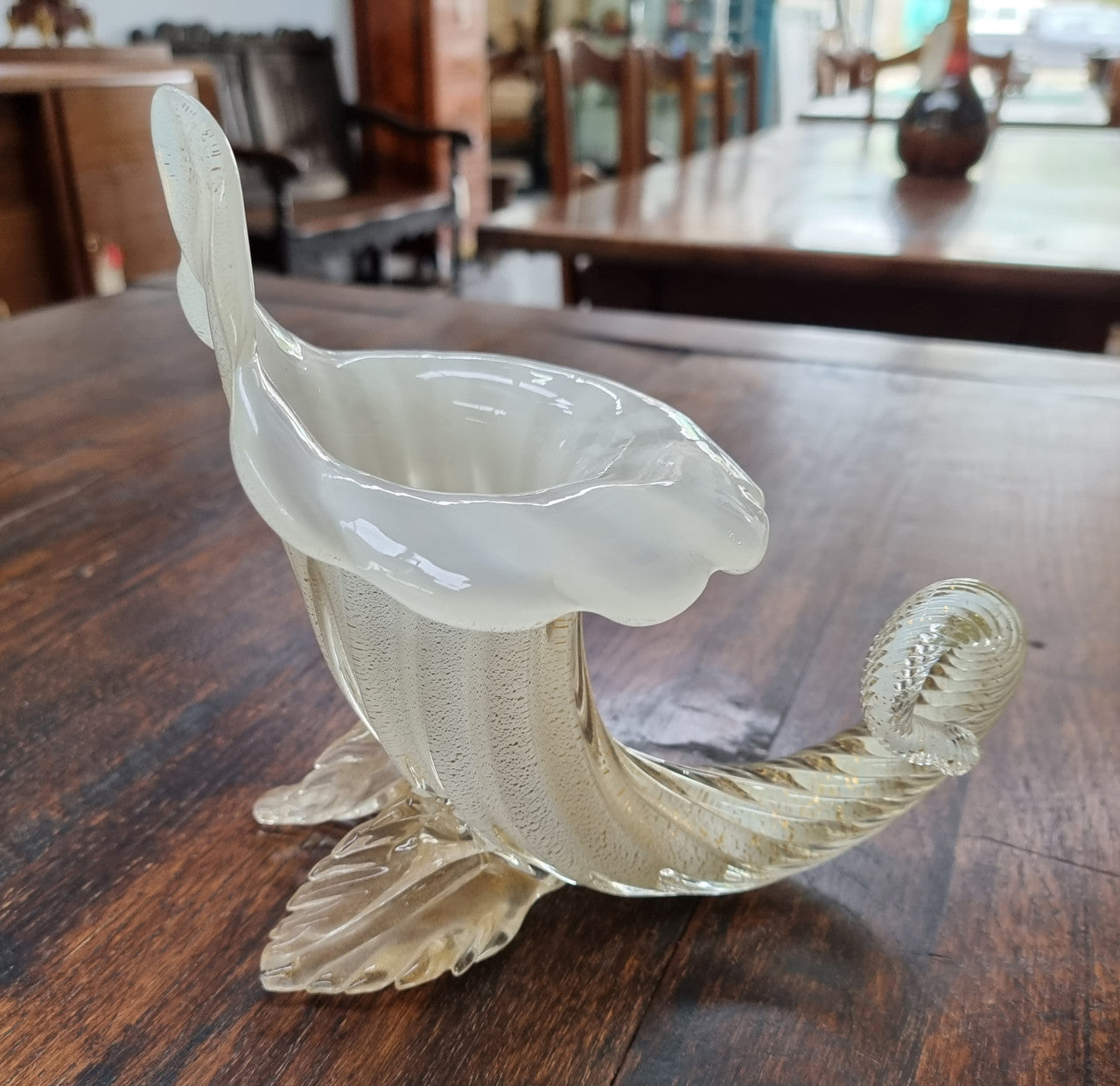 Large Vintage Murano white with adventuring glass cornucopia.