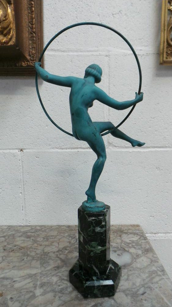 French Art Deco Hoop Lady Statue Signed By Danseuse Au Cerceau