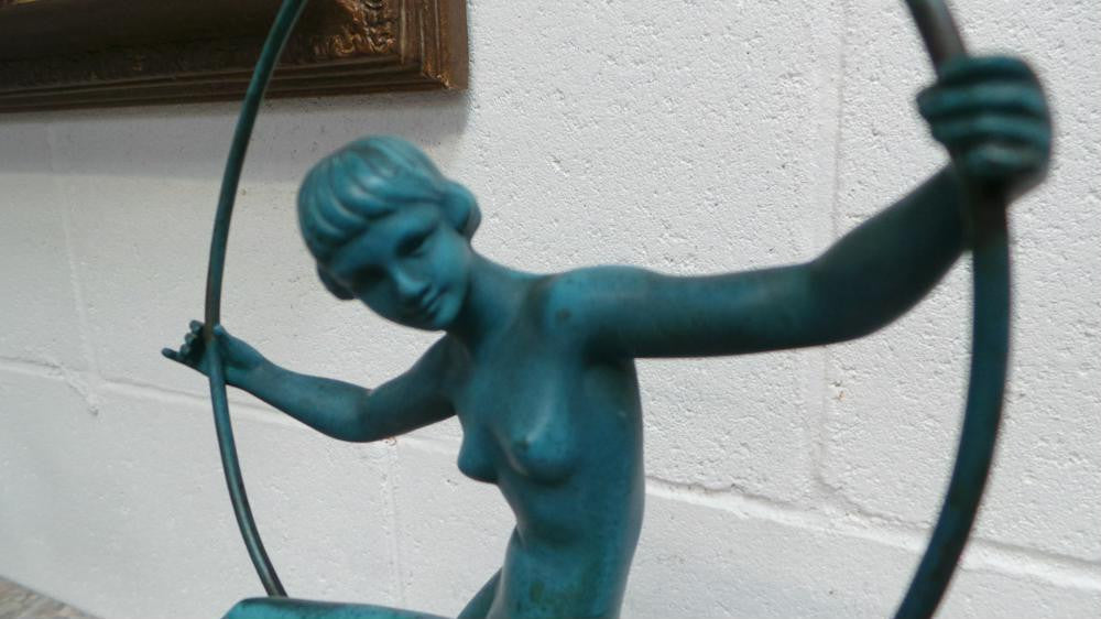French Art Deco Hoop Lady Statue Signed By Danseuse Au Cerceau