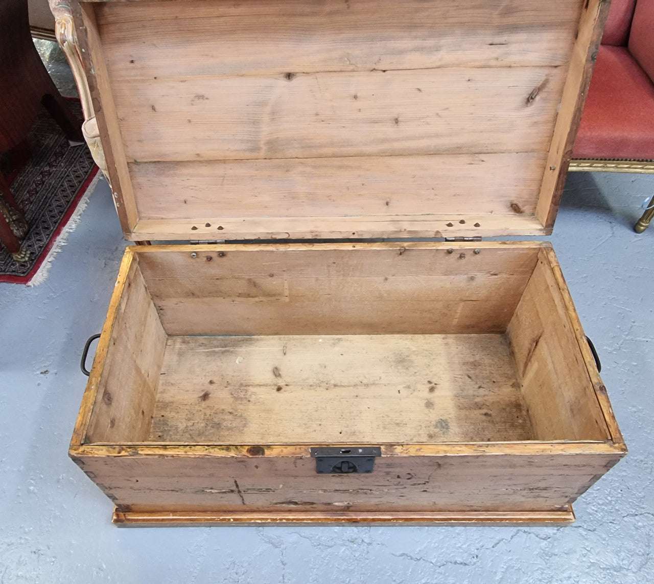 Lovely Pine chest / blanket box with loads of rustic character and iron hardware. This piece would also make a great coffee table, and is in good original condition.