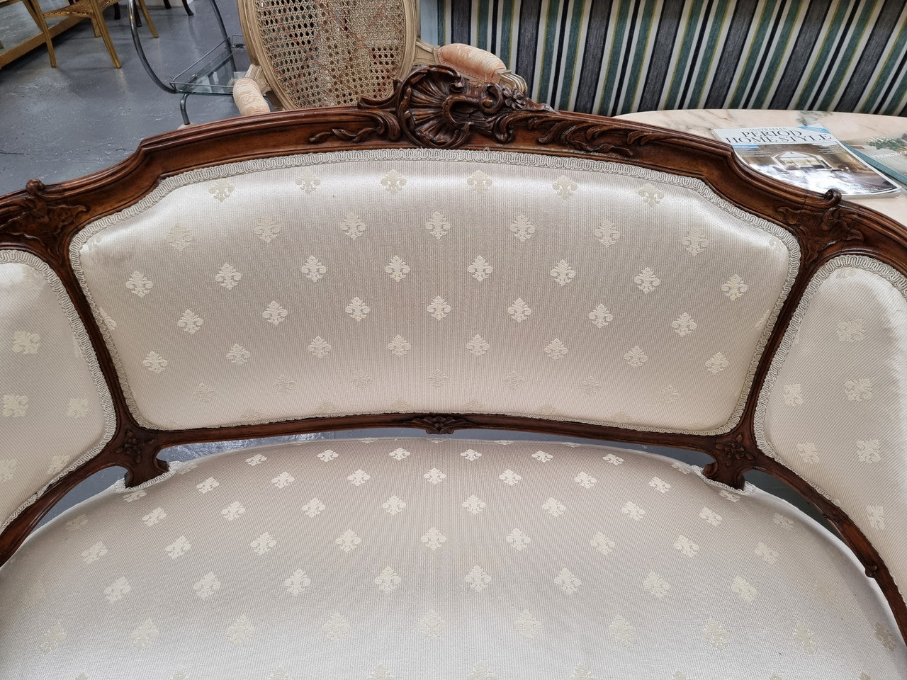 Pretty French Louis XV style small Walnut settee with very good upholstery. Sourced from France and in good original condition, please view photos of the upholstery as it helps form part of the description.