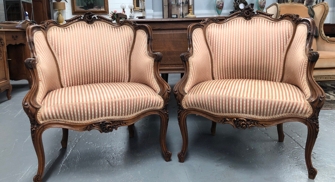 High Quality Antique Pair Of French Walnut Upholstered Arm Chairs