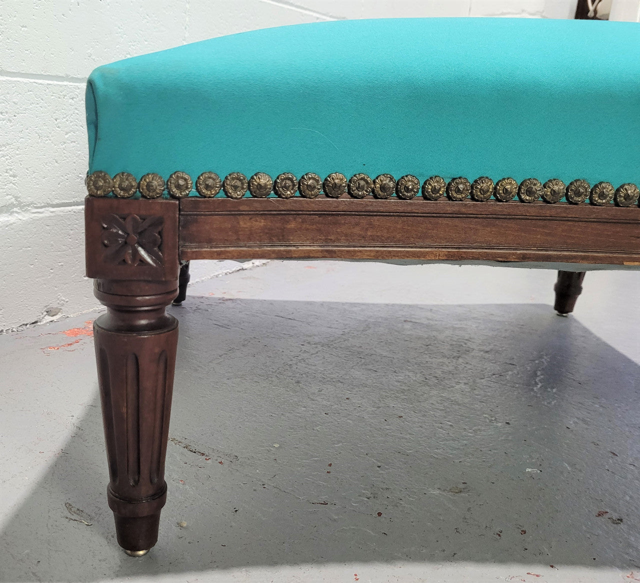 Louis XVI style Walnut blue upholstered large square foot stool. In good original condition.