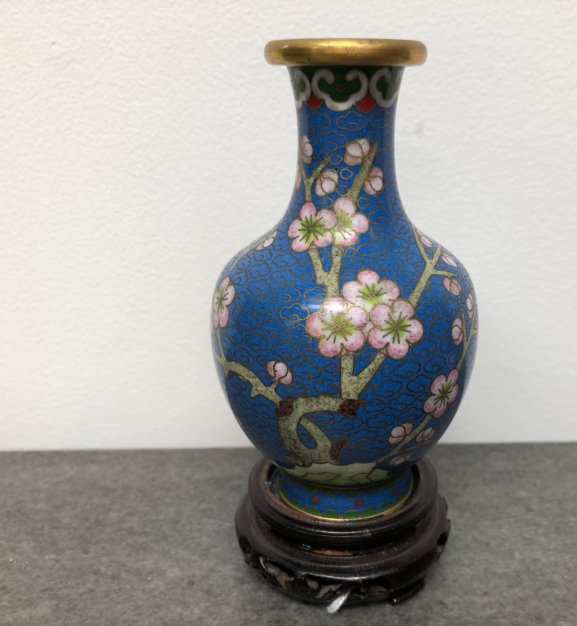Small Blue Cloisonné Vase On Carved Stand