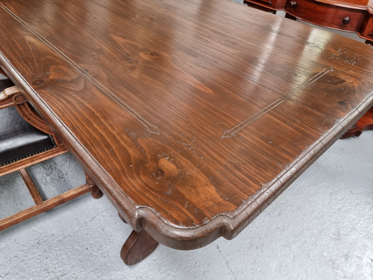 Amazing hard to find French Fruitwood Spanish style 3 meter dining table. Decorative iron work underneath and in good detailed original condition.