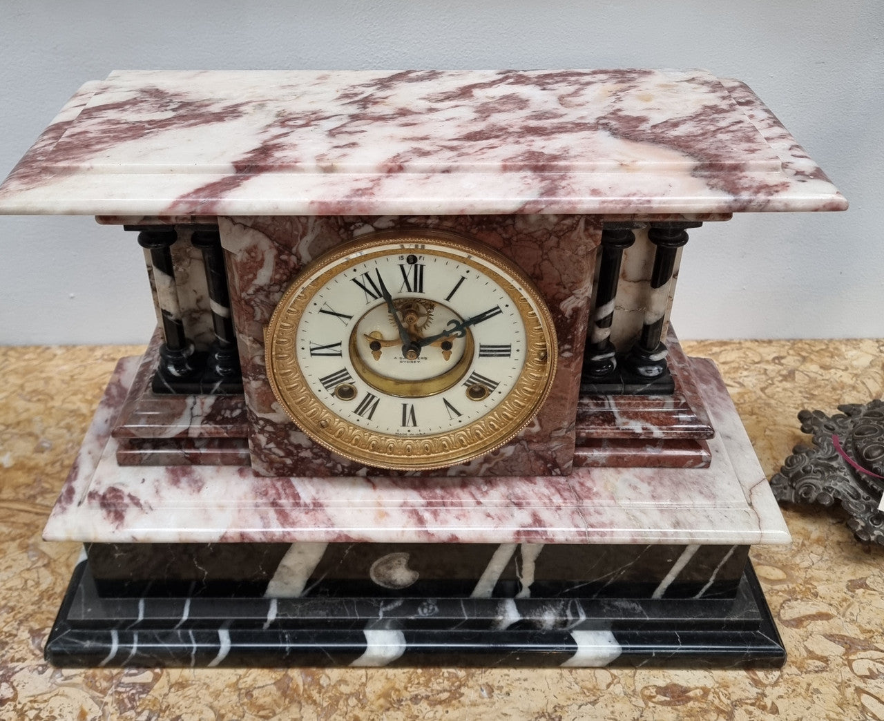 Fabulous Late Victorian Ansonia marble mantle clock, with an exposed escapement. Its movement has been overhauled and in lovely condition.